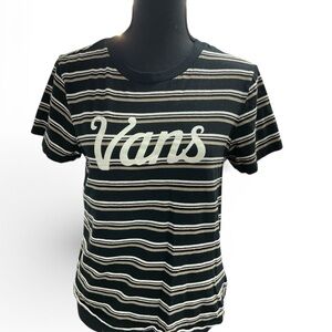 Vans Black and Cream Striped Logo Tee